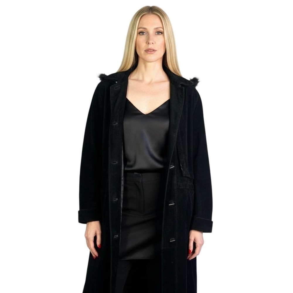 VERNISSAGE VINTAGE BLACK LEATHER TRENCH COAT WINTER COAT WITH FAUX FUR LARGE